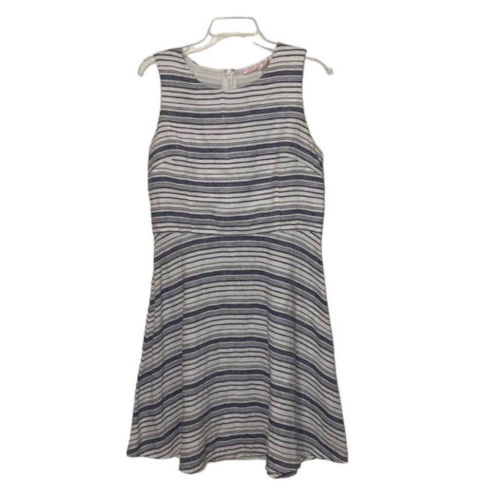 St. Tropez Blue White Linen Shift Dress Womens Size 10 Sleeveless Summer Stripes